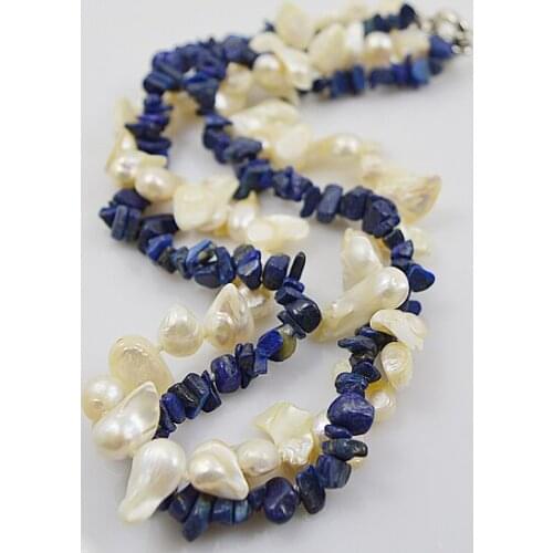 Handmade Baroque Pearl Necklacce White Color Unique Real Genuine Freshwater Pearl Blue Lapis Lazuli 2 Rows Fashion Woman Jewelry