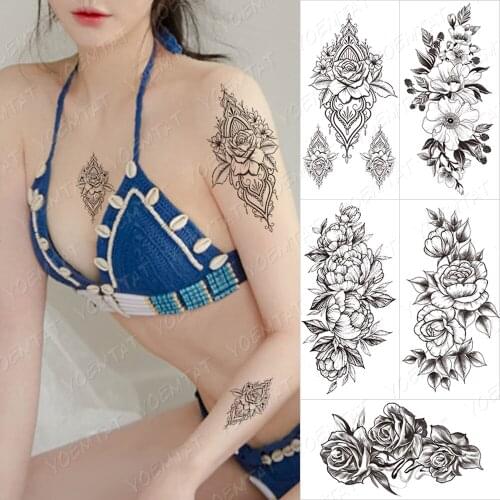 Waterproof Temporary Tattoo Sticker Simple Lines Tatto Waist Chest Thigh Arm Rose Peony Flower Body Art Arm Fake Sleeve Tatoo