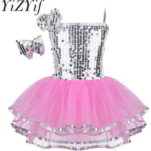 YiZYiF Girls Latin Jazz Dress Dance Costume Outfit Sparkly Sequins Mesh Dress with Hairclip Modern Contemporary Dance Clothes