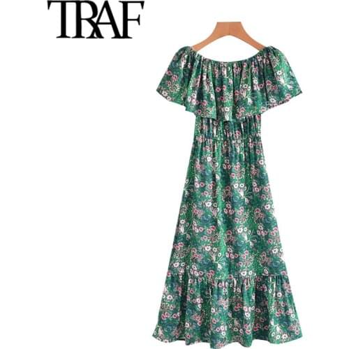 TRAF Women Chic Fashion Floral Print Ruffled Midi Dress Vintage Slash Neck Sleeveless Female Dresses Vestidos Mujer
