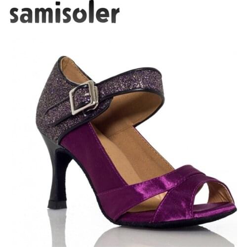 Samisoler Purple/Skin/Black New Flash Cloth Collocation Shine Ribbons Ballroom Fashion Dance Women Latin Dance Competition Shoes