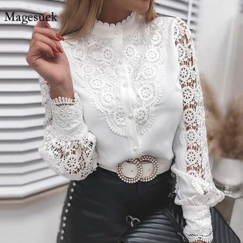 Spring Fashion White Vintage Long Sleeve Tops Sexy Lace Patchwork Hollow Out Shirt Button Mesh Crochet Lace Blouse Women 13267