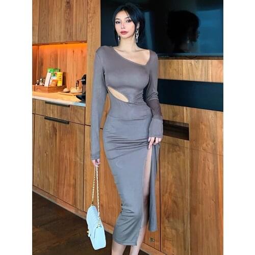 Womens Dresses New Arrival 2021 Asymmetrical Elegant Off The Shoulder Sexy Dress Spring Slit Hollow Bodycon Out Sexy Club Dress