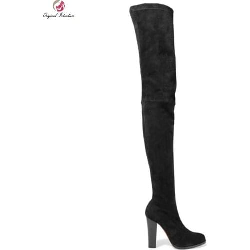Womens Side Zipper Round Toe Boots Sexy Black Over-the-Knee 12CM Square Heel High Heels Women Flock High Boots Plus Size 35-45