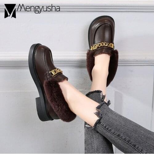 34-43 big size fur oxford shoes woman gold chain metal decoration plush moccasins women comfy furry leather cotton creepers
