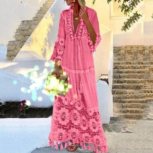 Summer Women Fashion Casual Party Bohemian Large Size V-Neck Solid Color Lace Tassel Long Dress