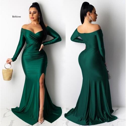 Women V Neck Sexy Solid Color Slim Split Floor Length Evening Party Dress Vestidos