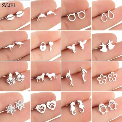 Golden Korean Minimalist Stainless Steel Animal Stud Earrings for Women Fashion 2021 Jewelry Dog Paw Rabbit Cat Key Studs Gift