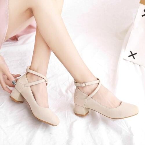 2021 Spring and autumn high heels 4cm thick with round head cross straps student 33 apricot middle heel lady sweet lolita shoes