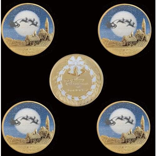 5PCS Merry Christmas Snowman Deer Gold Commemorative 1.57"*0.12" Coin Collectibles With Coin Capsule