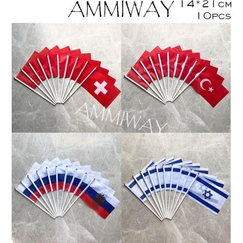 AMMIWAY 14x21cm 10pcs Switzerland Turkey World National Flag Russian Federation Israel Small Hand Waving Flags with Plastic Pole