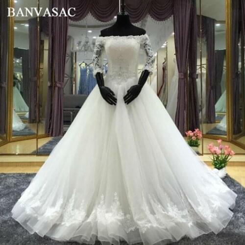 BANVASAC 2017 New Luxury Embroidery Boat Neck Wedding Dresses Lace Three Quarter Sleeve Satin Sweep Train Bridal Ball Gowns