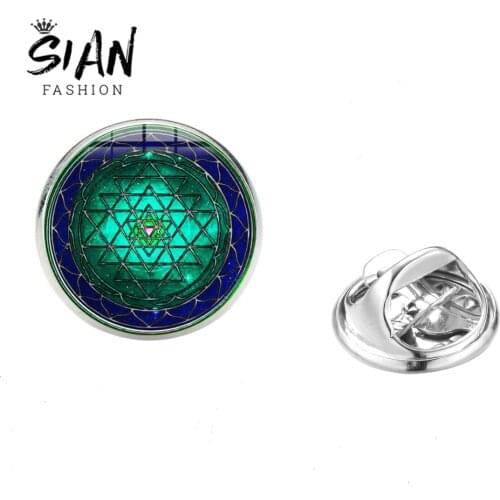 SIAN Sri Yantra Mandala Flowers Brooches Sacred Geometry Om Mandala Meditation Glass Cabochon Silver Color Badge Dress Shirt Pin