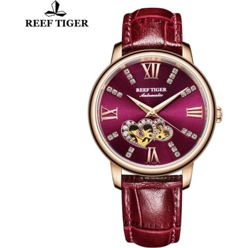 Reef Tiger/RT Top Brand Luxury Ladies Watch Automatic Fashion Watches Lover Gift Rose Gold Red Watch Relogio Feminino RGA1580