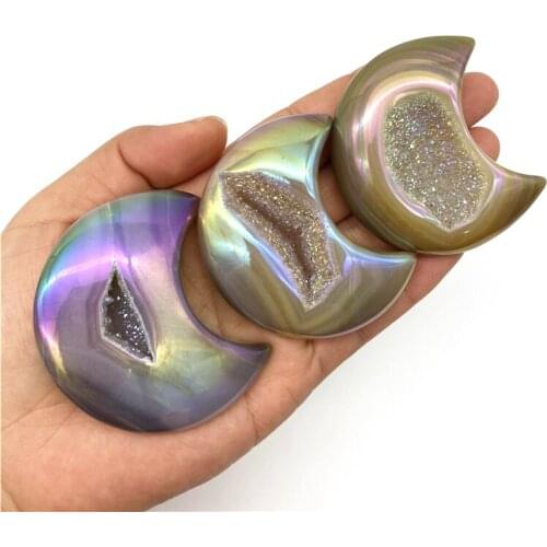 1pc Aura Naural Agate Moon Carved Crystal Geode Quartz Figurine Healing Crystals Decor Reiki Gift Natural Quartz Crystals