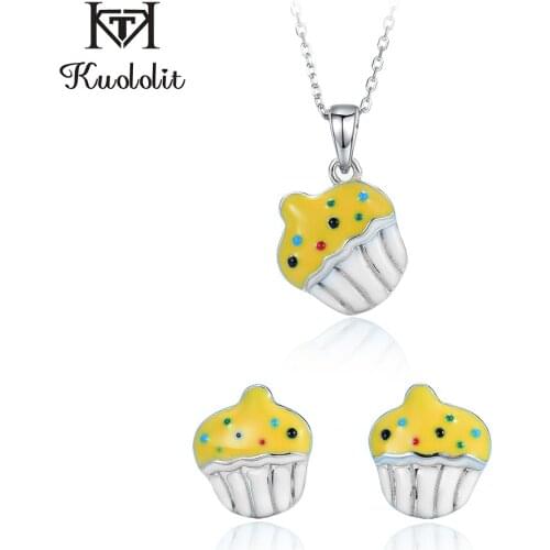 Kuololit Enamel Jewelry Set for Girl Kid Solid 925 Sterling Silver Ice cream Pendant Necklace Earrings set for Party Gifts New