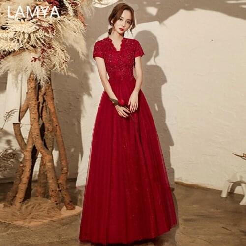 LAMYA Elegant Beads Prom Dresses With Short Sleeve Vintage Plus Size Formal Gown Floor Length Women A-line Robe De Soiree