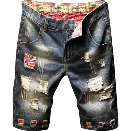 Mens Hole Denim Shorts 2021 Summer New Fashion Casual Slim Fit Ripped Retro Short Jeans Male Knee Length Jeans