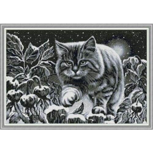 Joy Sunday Cross Stitch Pattern Black Cat On Snowy Night Handmade Canvas Printed Embroidery Kit Needlework Kit Home Decoration