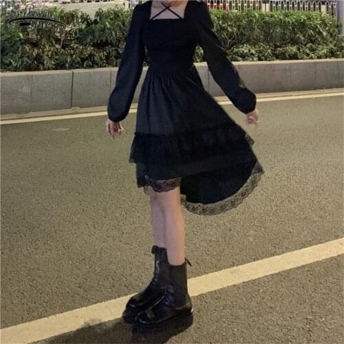 New Cross Square Collar Lolita Princess Irregular Dress Gothic Women Black Fairy Party Dress Cute Kawaii Lace Ruffles Chic Dress