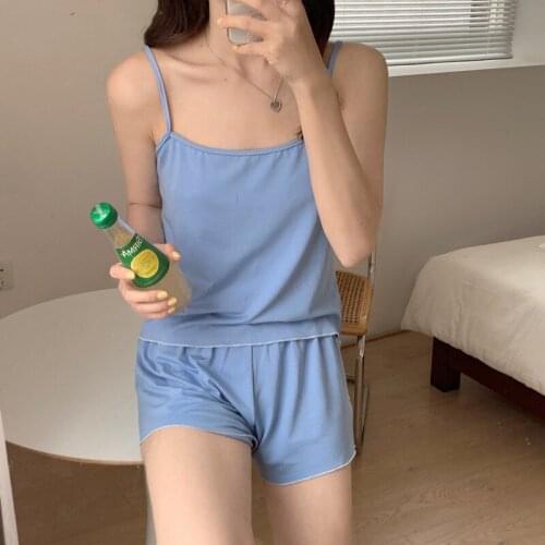 New Summer Womens Pajamas Sexy Sling Pajamas Set Sweet Girl Solid Color Korea Sleepwear Sleeveless Shorts Soft Nightwear Suit