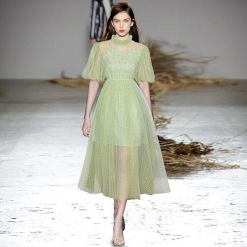 New Arrival Runway Lantern Short Sleeve Wave Dots Gauze Perspective Dress Womens Dress 210612MZ01