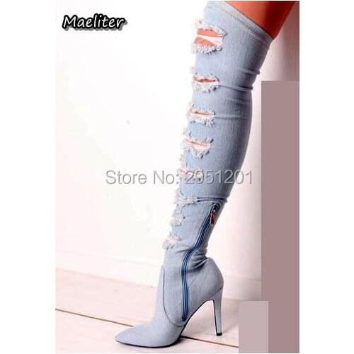 Choudory Autumn winter blue denim boots pointed toe over the knee thigh high boots sexy high heels shoes woman tassel jeans shoe