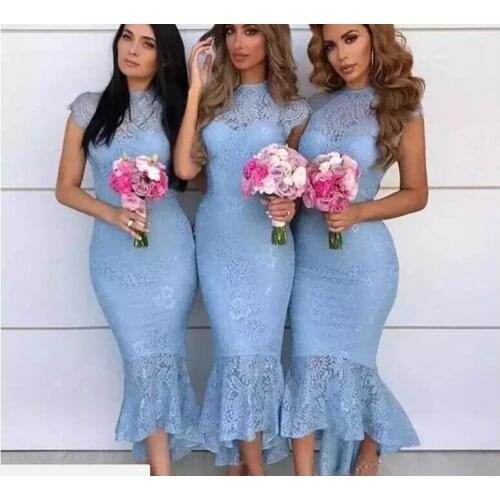 Cap Sleeves High Low Tea Length Full Lace Arabic Wedding Guest Maid of Honor 2018 Sky Blue Country Mermaid Bridesmaid Dresses