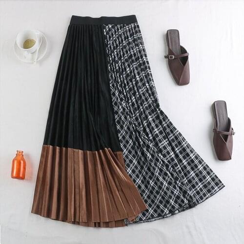 High Elastic Waist Printed Contrast Color Pleated Half-body Skirt Women Fashion Tide New Autumn winter 2020 Lattice stitching