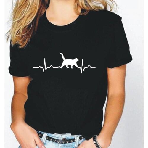 Kawaii Kitty Pet Cat Pulse Casual Tee Shirt Femme Cute CAT IN A HEARTBEAT T-shirt Funny Kitten Meow Heartbeat T Shirt Women Tops