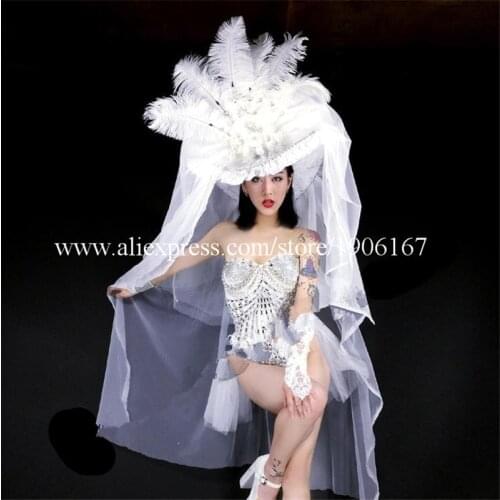 Nightclub Sexy Lady Ballroom Costume White Party Valentines Day Evening Dress Stage Performance DS Christmas Clothes With Hat