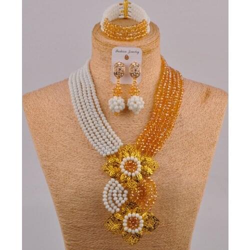 Fabulous White Champagne Gold AB Crystal Nigerian Traditional Wedding African Beads Jewelry Set 6CHL