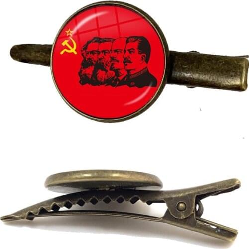 Soviet USSR Stalin Lenin Tie Clip Classic Red Star Hammer Sickle Communism Emblem CCCP Glass Cabochon Tie Clasp For Men Shirt
