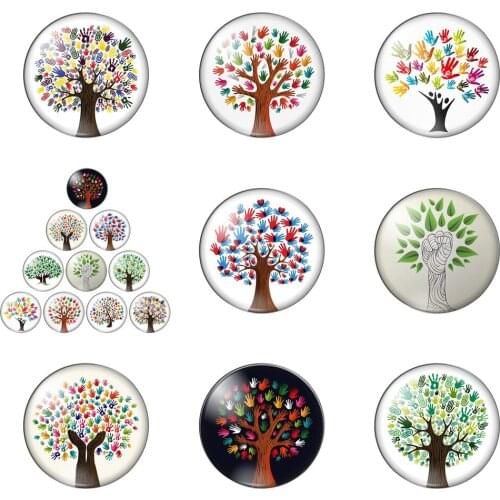 Upward Hand Life Tree Colorful Leaves 12mm/20mm/25mm/30mm Round Photo Glass Cabochon Demo Flat Back Making Findings