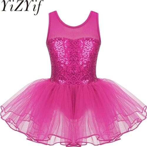Kids Girls Sequins Ballerina Dancewear Sleeveless Stretch Mesh Splice Ballet Dance Tulle Gymnastics Leotard Mesh Tutu Dress