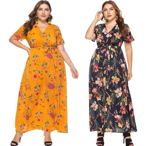 Bohemian Kaftan Women Plus Size Long Maxi Dress Floral Print Short Sleeve V Neck Party Dresses Holiday Boho Gown Summer Vestdos