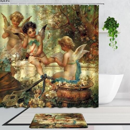 2Pcs Set Angels In Heaven Shower Curtains Decor Polyester Fabric Art Design Bathroom Accessories Decoration Curtain And Bath Mat