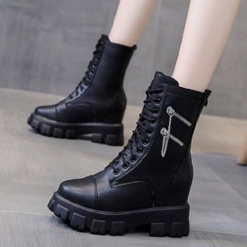 Temperament Cross-Belt Metal Decoration Inner Heightening Ladies Martin Boots Spring And Autumn New Fashion Waterproof Platform