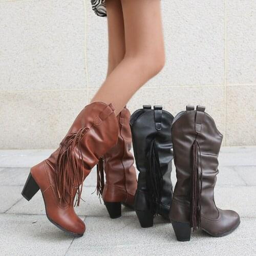 Womens Leather Tasseled Mid-tube Calfskin Casual One-step Fall and Winter Slope Heel Boots Fashion Pleated Round-toe High Boots