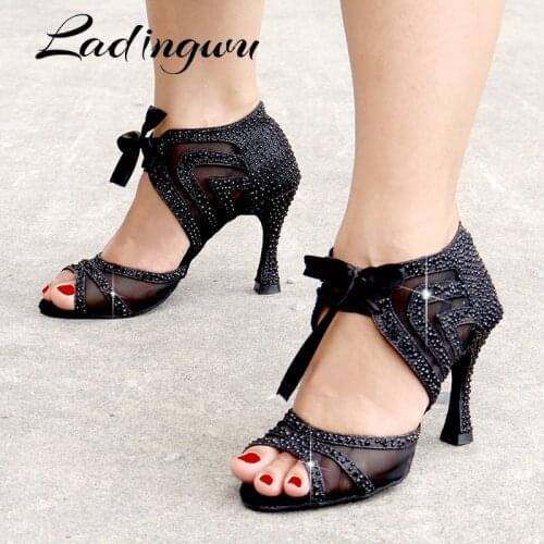 Ladingwu Brands Women Latin Dance Shoes Ballroom Tango Sneaker Dance Shoes Glitter With Breathable Mesh Black Rhinestone