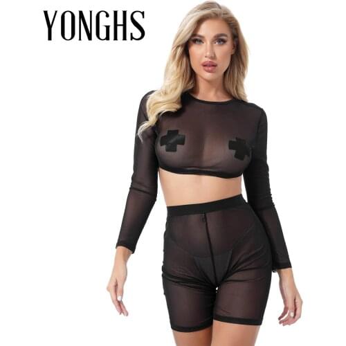 Womens See-through Mesh Lingerie Set Round Neck Long Sleeve Crop Top with High Waist Elastic Waistband Shorts Sexy Beachwear
