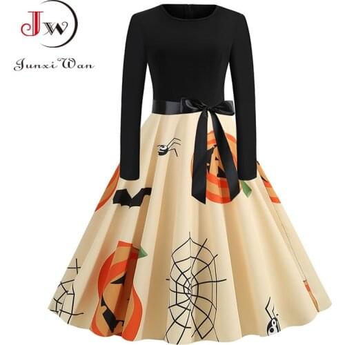 Black Print Halloween Dress Casual Women Long Sleeve Elegant Vintage A Line Sundress Autumn Winter Slim Party Costumes