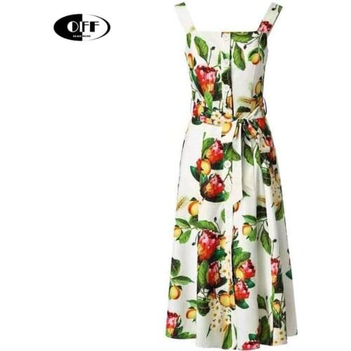 Designer Fashion Runway Summer Dress Plus size Women Spaghetti Strap Button Belted Floral Print Elegant midi-long Dresses femme