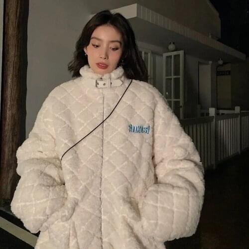 Heydress Women Fur Coat Outwears lambswool coat women winter Korean loose pockets solid Harajuku Faux Warm Sheep Shearing Jacket