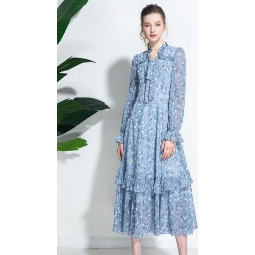 2020 Chiffon Summer Flowers Long Dress Young Lady Bowknot Print Short Sleeve Dress Women Runway Dress Vintage FL1081