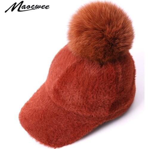 Winter Warm Hats For Boy Girl With Real Fox Fur Pompom Children Baseball Caps Kids Outdoor Mink Knitted Hip-hop Cap Kids Gorrras