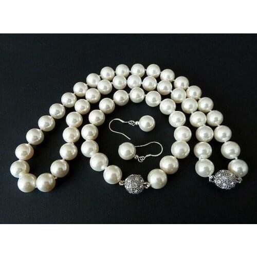 10mm White Shell Pearl Round Beads Necklace Bracelets Earrings Set
