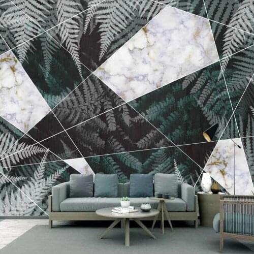 Custom 3D Wallpaper Mural Nordic Green Fern Marble Geometric Puzzle Living Room Background Wall Decoration Painting Wallpaper