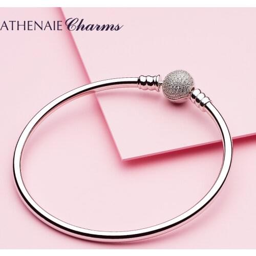 ATHENAIE 925 Sterling Silver Basic Charms Bracelet & Bangle Pave Clear CZ Snap Clasp Fit All European Beads