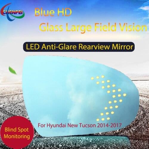 Large View Blue Mirror Anti-Glare Electrically Heated Rearview Mirror With LED Turn Indicator For Hyundai New Tucson 2014-2017